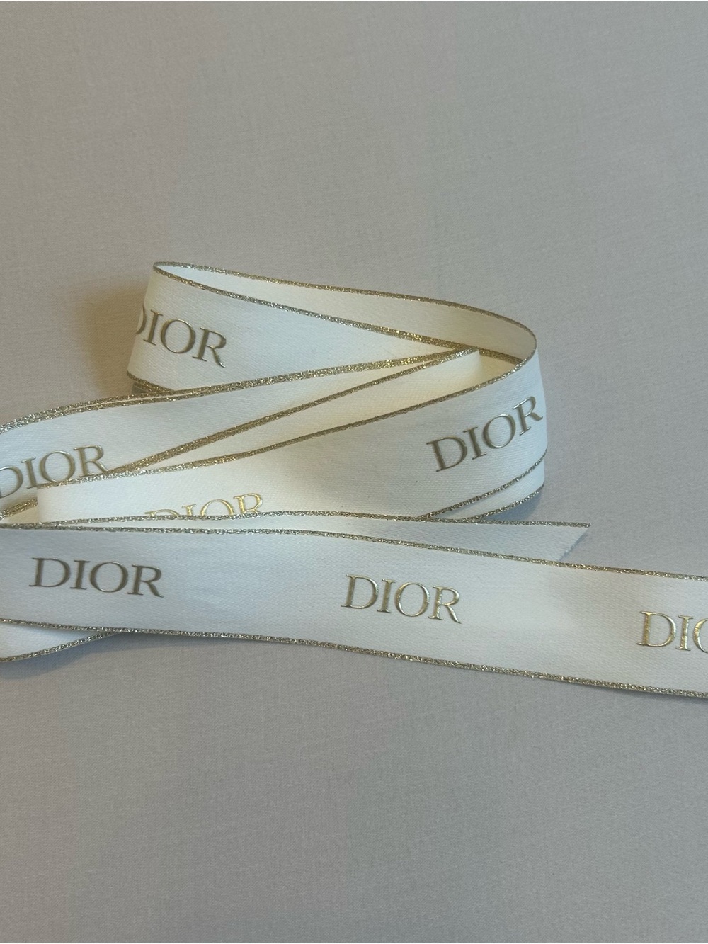 Dior Branded White & Gold Satin Ribbon, glitter, sparkle